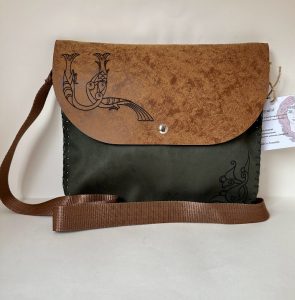 Green-brown handmade bag with Armenian birdletter A