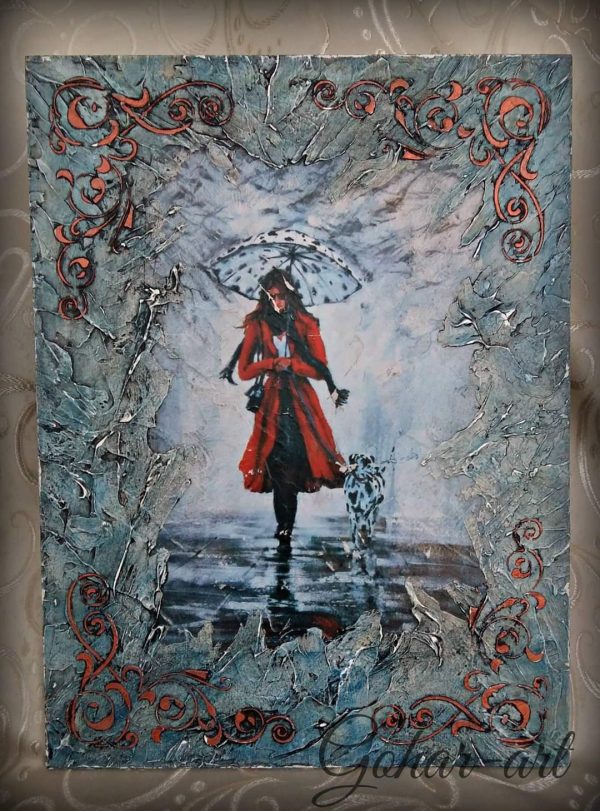 "Girl in the Rain"-Painting on Wood