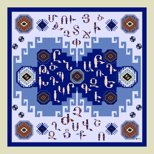 Blue Silk Scarf With Armenian Ornaments By Artsakh Carpet