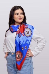 Red And Blue Silk Scarf With Armenian Ornaments By Artsakh Carpet