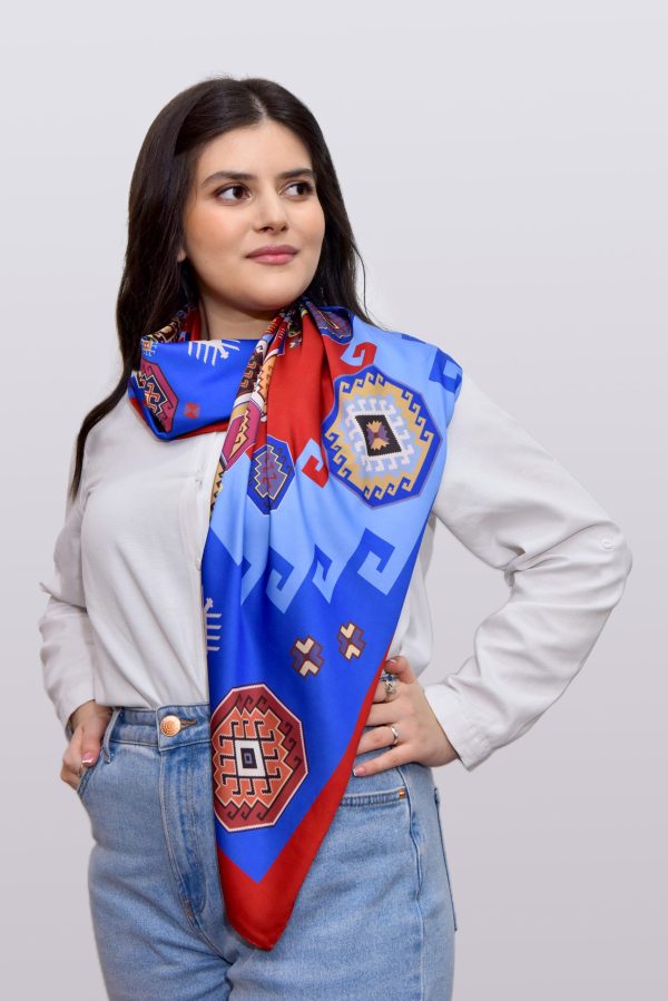 Red and Blue Silk Scarf with Armenian Ornaments