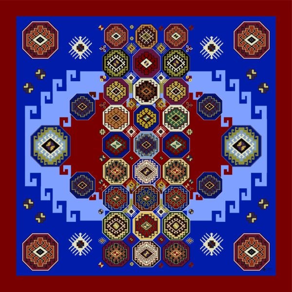 Red and Blue Silk Scarf with Armenian Ornaments