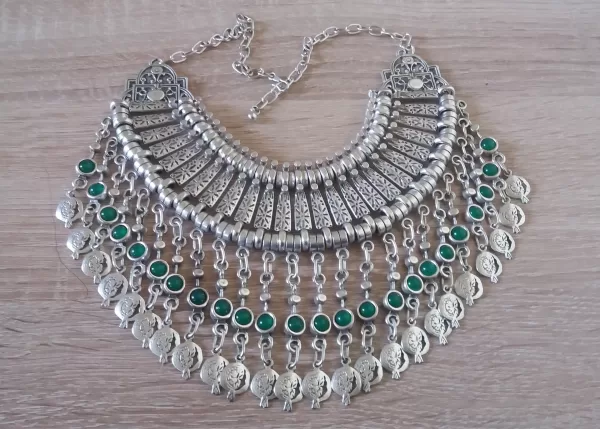 Half Moon Pomegranate Drop Coin Statement Necklace, Chrysolite Stones