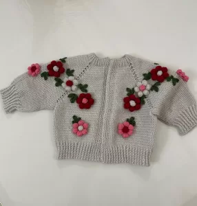 Grey Cardigan with Flowers for Kids