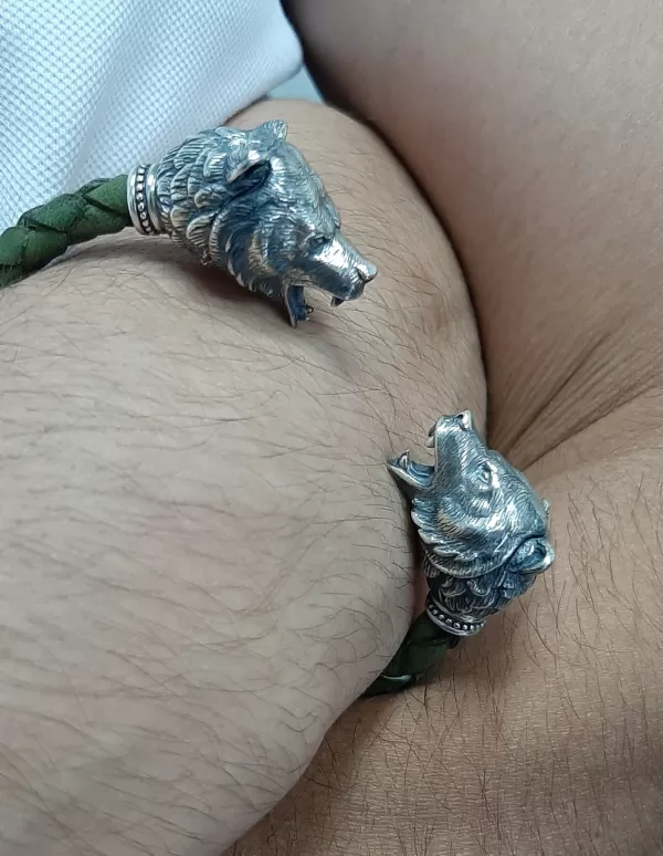 Sterling Silver and Leather Men's Bear Cuff Bracelet