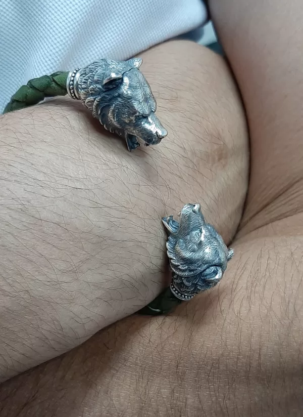 Sterling Silver and Leather Men's Bear Cuff Bracelet