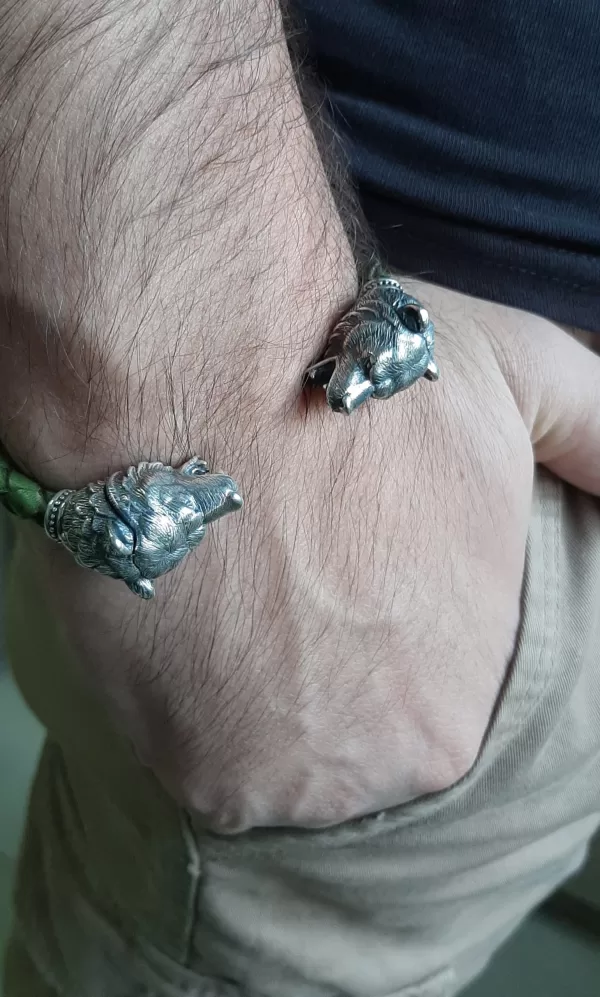 Sterling Silver and Leather Men's Bear Cuff Bracelet