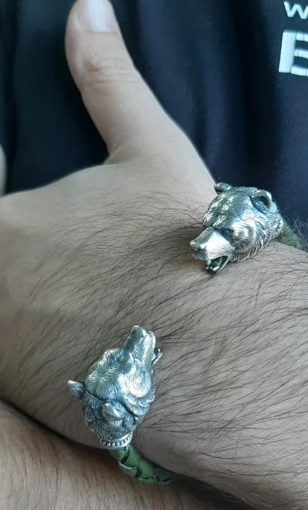 Sterling Silver and Leather Men's Bear Cuff Bracelet