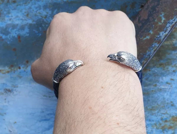 Men's Eagle Cuff Bracelet, Sterling Silver and Leather