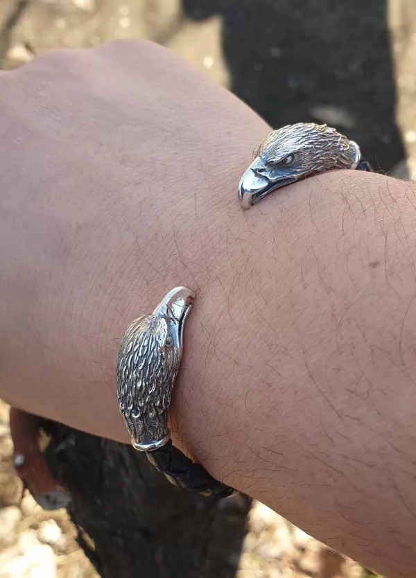 Men's Eagle Cuff Bracelet, Sterling Silver and Leather