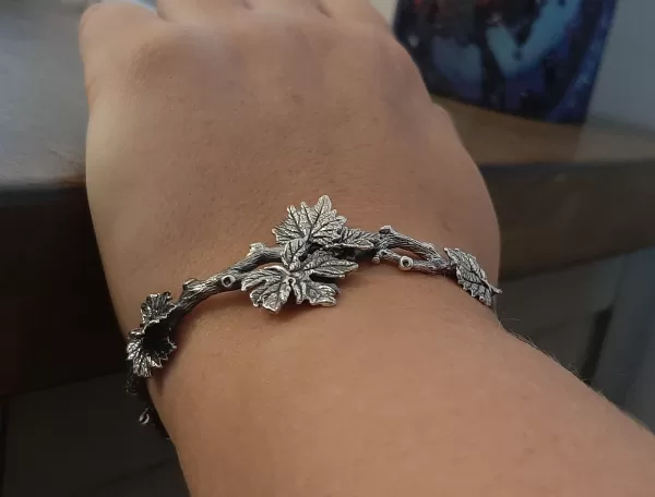 Sterling Silver Tree Branch with Leaves Cuff Bracelet