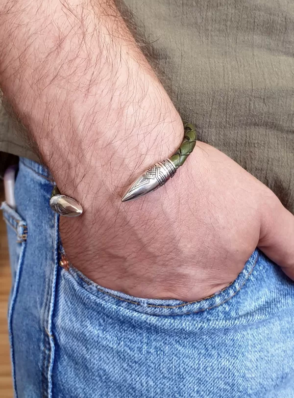 Men's Bullet Cuff Bracelet, Sterling Silver and Leather