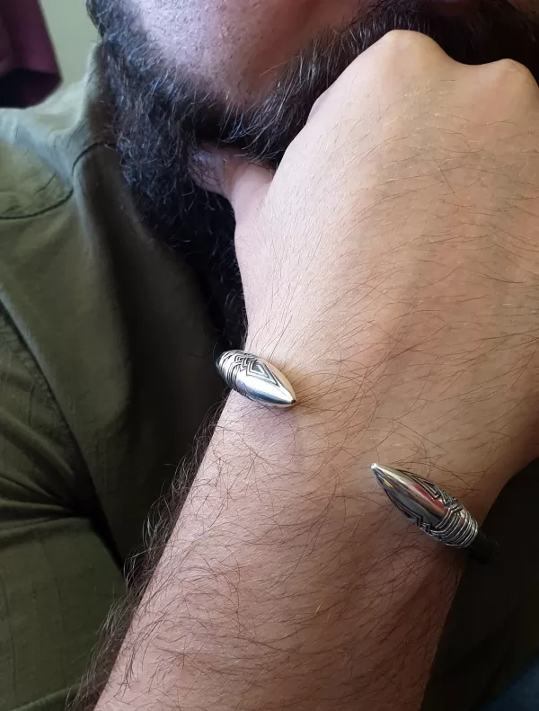 Men's Bullet Cuff Bracelet, Sterling Silver and Leather