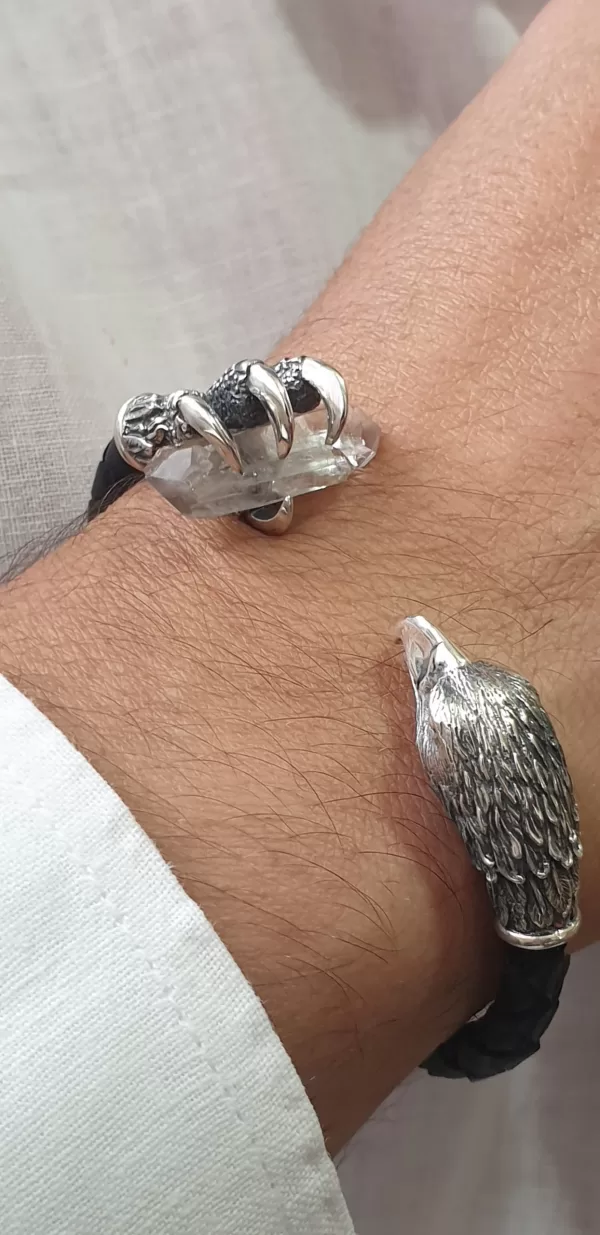 Men's Cuff Bracelet Eagle, Leather and Sterling Silver