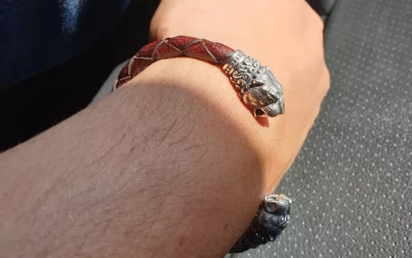 Men's Lion Cuff Bracelet, Sterling Silver and Leather