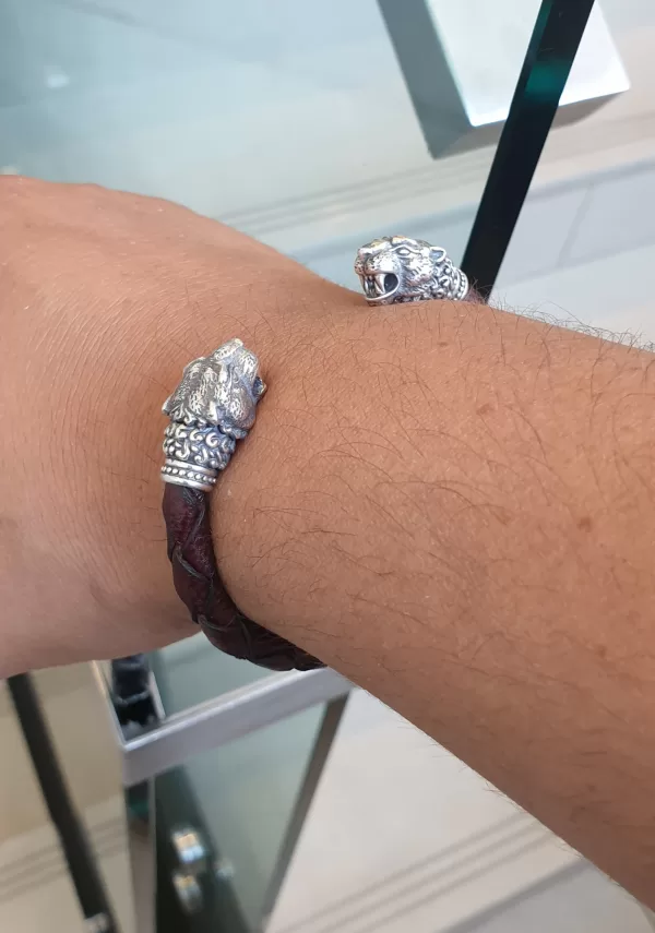 Men's Lion Cuff Bracelet, Sterling Silver and Leather