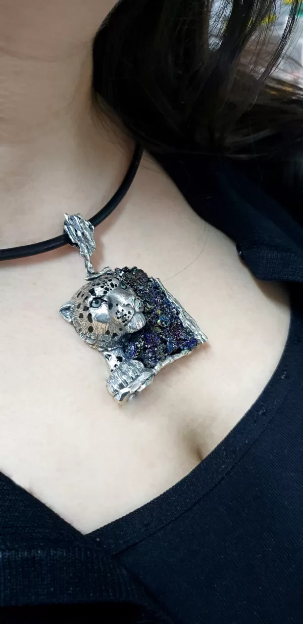 Sterling Silver Leopard Pendant with Druzy Rainbow Carborundum