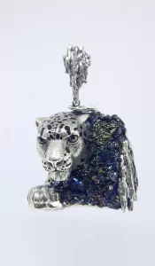 Sterling Silver Leopard Pendant with Druzy Rainbow Carborundum