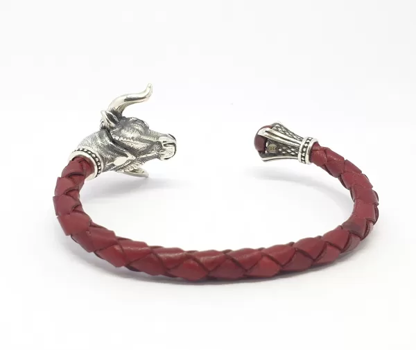 Men's Cuff Bracelet Taurus, Sterling Silver and Leather