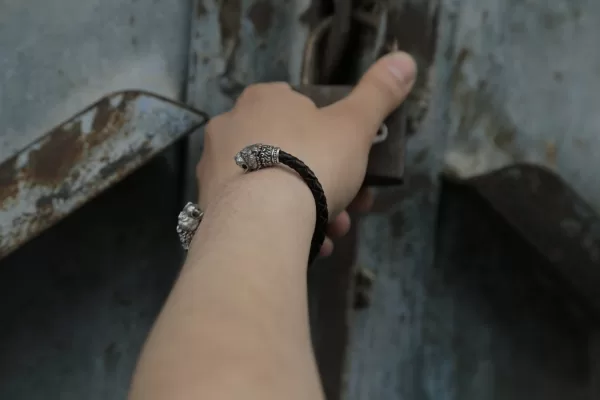 Men's Lion Cuff Bracelet, Sterling Silver and Leather