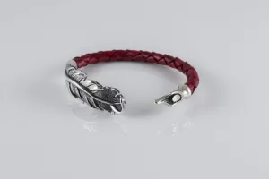 Women’s Feather Cuff Bracelet, Sterling Silver and Leather