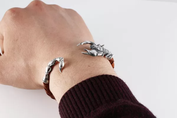 Men's Scorpio Cuff Bracelet, Sterling Silver and Leather