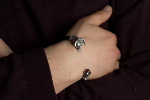 Men's Cuff Bracelet Taurus, Sterling Silver and Leather