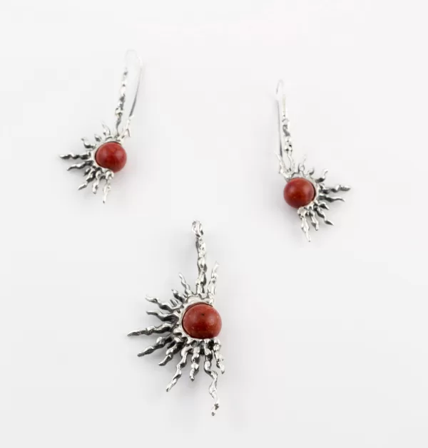 Sterling Silver Red Coral Sun Pendant