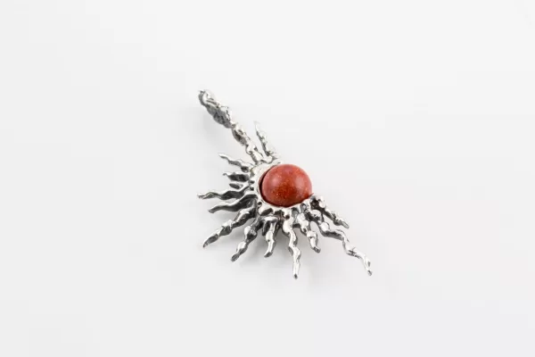 Sterling Silver Red Coral Sun Pendant