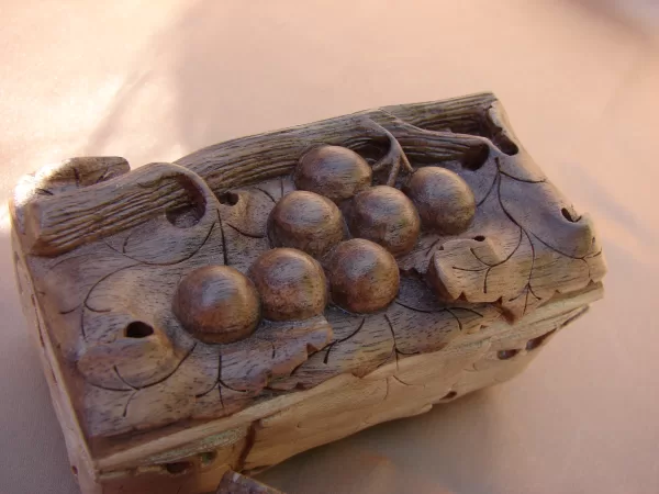 Hand-Carved Small Wooden Jewelry Box with Grape Design