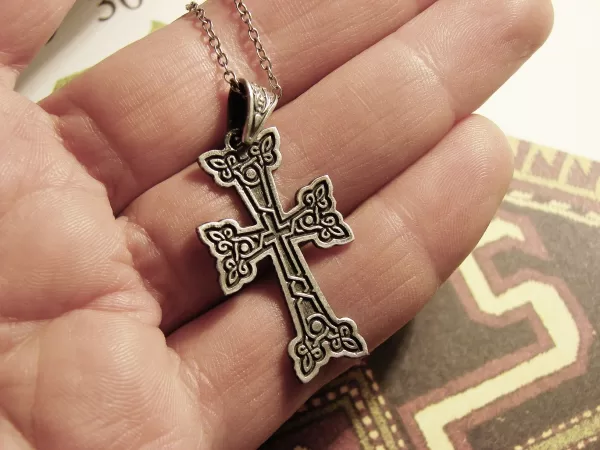 Sterling Silver Antique Khachqar Ornament Cross Pendant