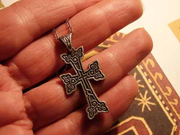 Sterling Silver Antique Khachqar Ornament Cross Pendant