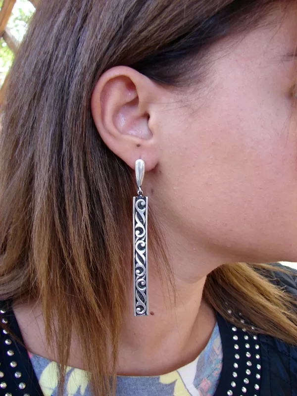 Ethnic Style Long Earrings, Sterling Silver 925