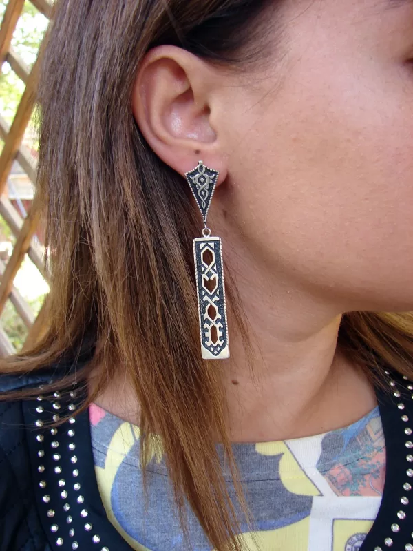 Sterling Silver Ethnic Carpet Long Dangle Earrings