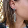 Ethnic Carpet Ornament Long Silver Dangle Earrings