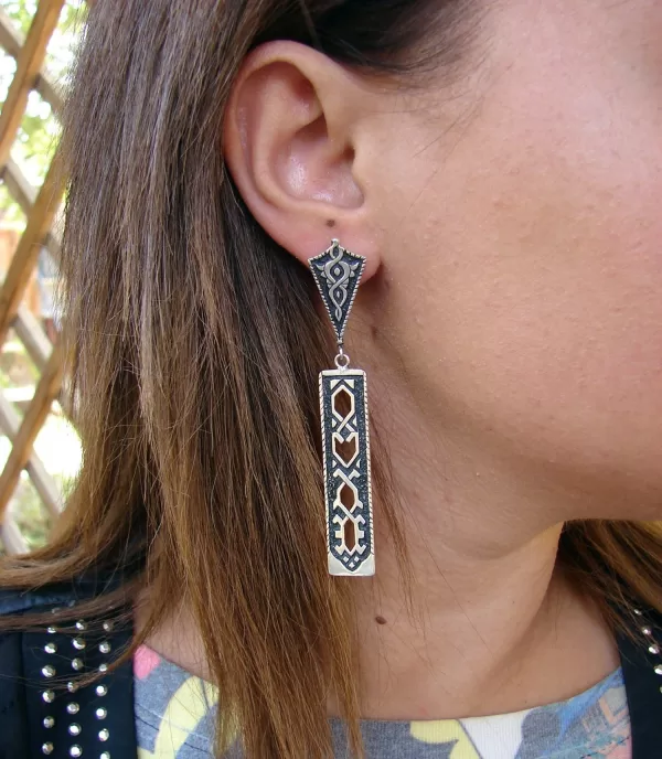 Sterling Silver Ethnic Carpet Long Dangle Earrings