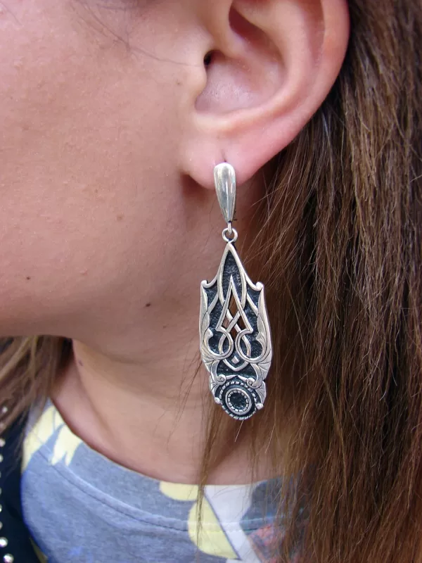 Sterling Silver Ethnic Ornament Dangle Long Earrings