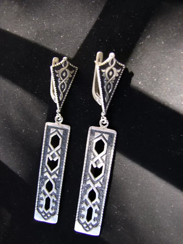 Ethnic Carpet Ornament Long Silver Dangle Earrings