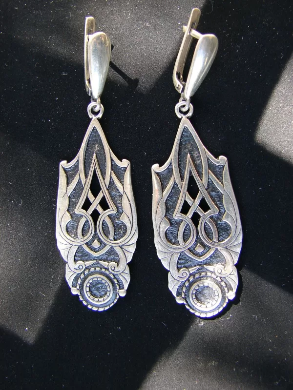 Sterling Silver Ethnic Ornament Dangle Long Earrings