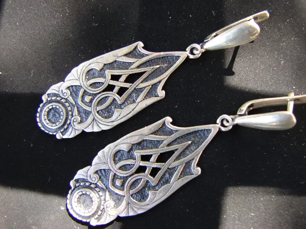 Ethnic Ornament Dangle Long Earrings Sterling Silver 925