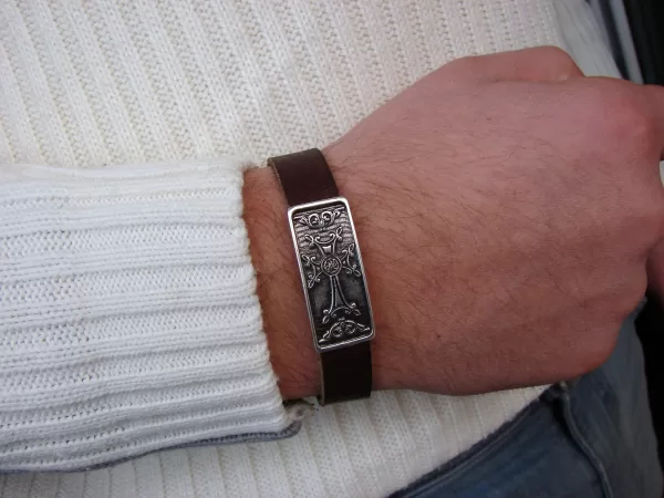 Leather Bracelet with Cross for Men and Women, Silver bar