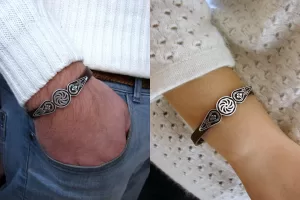 Leather Bracelet for Men and Women, Silver bar Wheel of Eternity