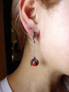 Long Tulip Earrings and Ring, Silver with Stone