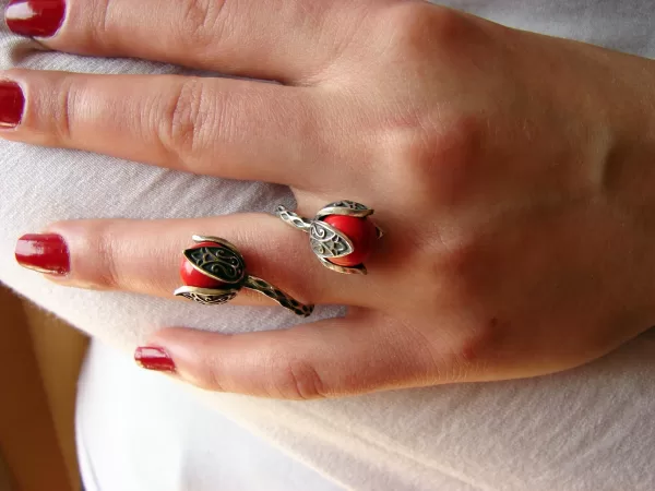 Long Tulip Earrings and Ring, Silver with Stone