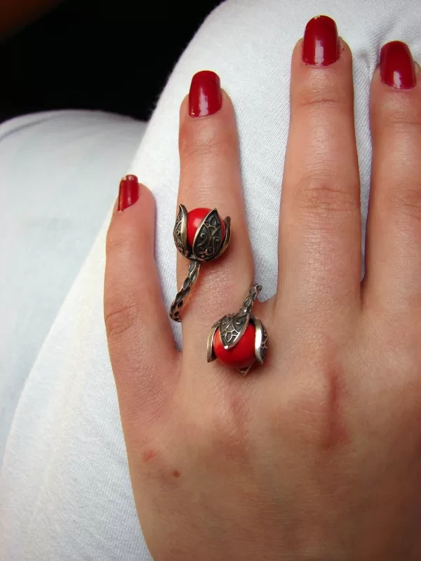 Long Tulip Earrings and Ring, Silver with Stone