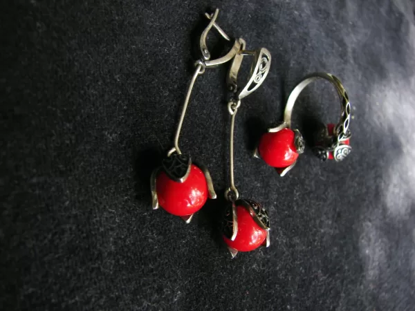 Long Tulip Earrings and Ring, Silver with Stone