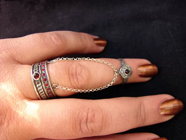 Double Rings Sterling Silver 925, Chain Linked, Adjustable Multi-Finger Rings