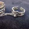 Silver Double Rings Ethnic Style, Chains Linked, Adjustable Multi-Finger Rings