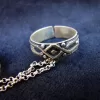 Silver Double Rings Antique Style, Chains Linked, Adjustable Multi-Finger Rings