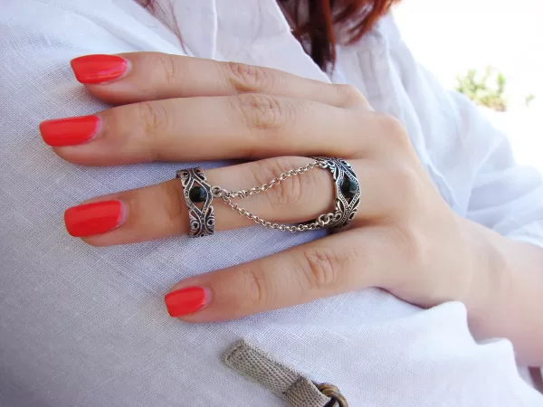 Ethnic Style Double Rings, Chains Linked, Silver Adjustable Multi-Finger Rings